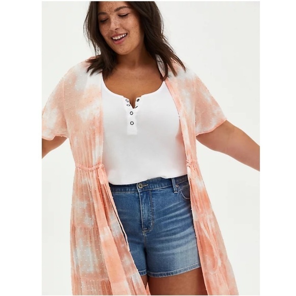 Torrid size 00 M/L PEACH TIE-DYE CLIP-DOT KIMONO - Picture 2 of 12